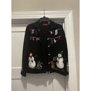 Onque Sweater Women’s Small Petite Holiday Cardigan Snowmen Cats Winter Whimsy